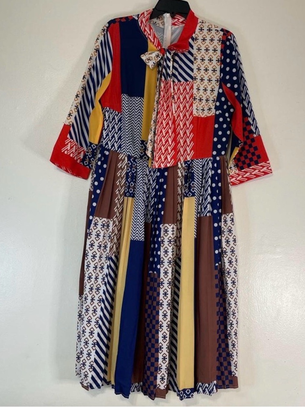 Multi-Print Red, Navy & Yellow Maxi Dress with Tie Neck